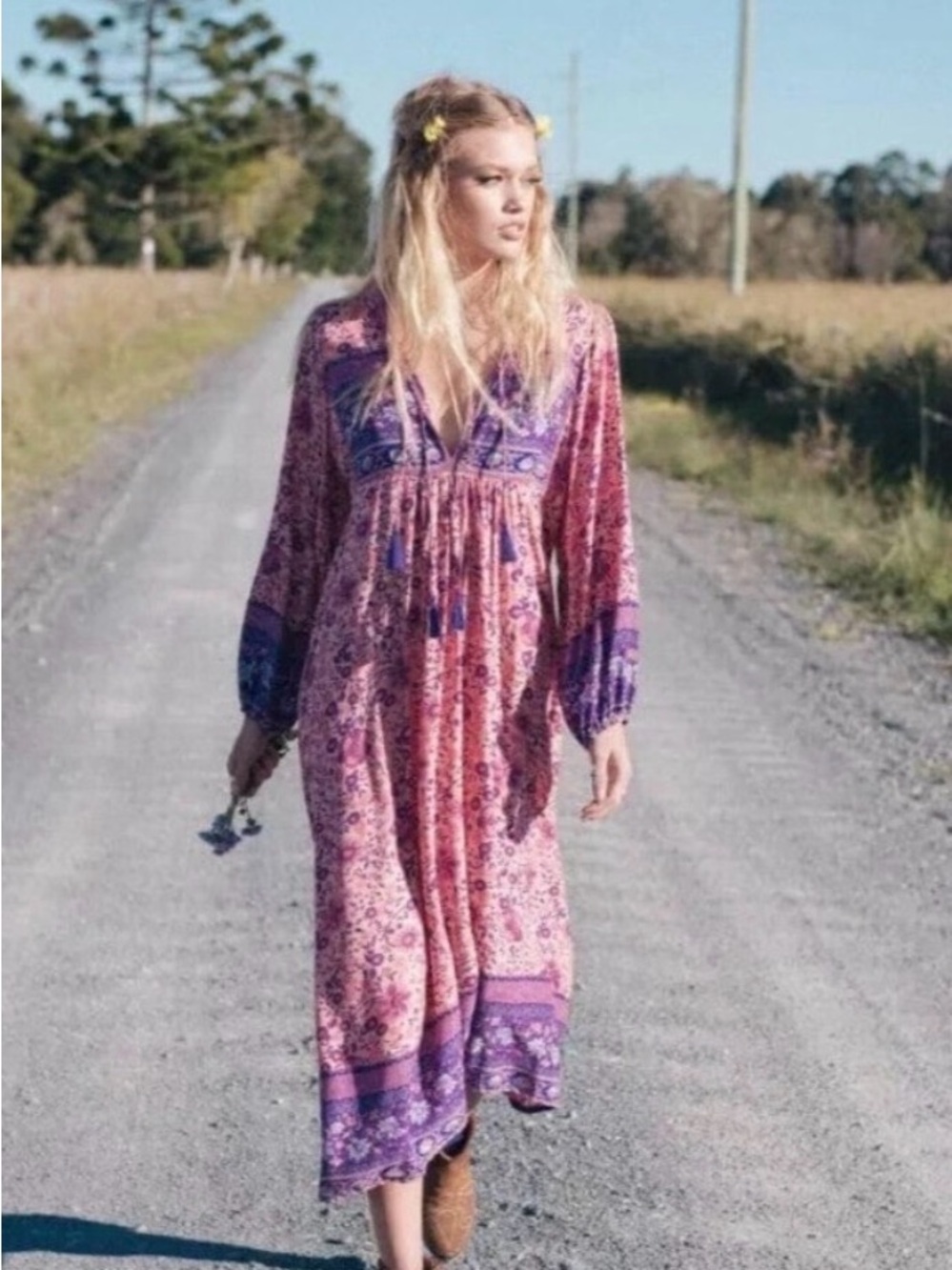 Spell folk town midi Pink and Purple Floral large Dress